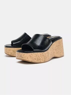 Zara Black Leather Cork-Effect Platform Slide Wedges